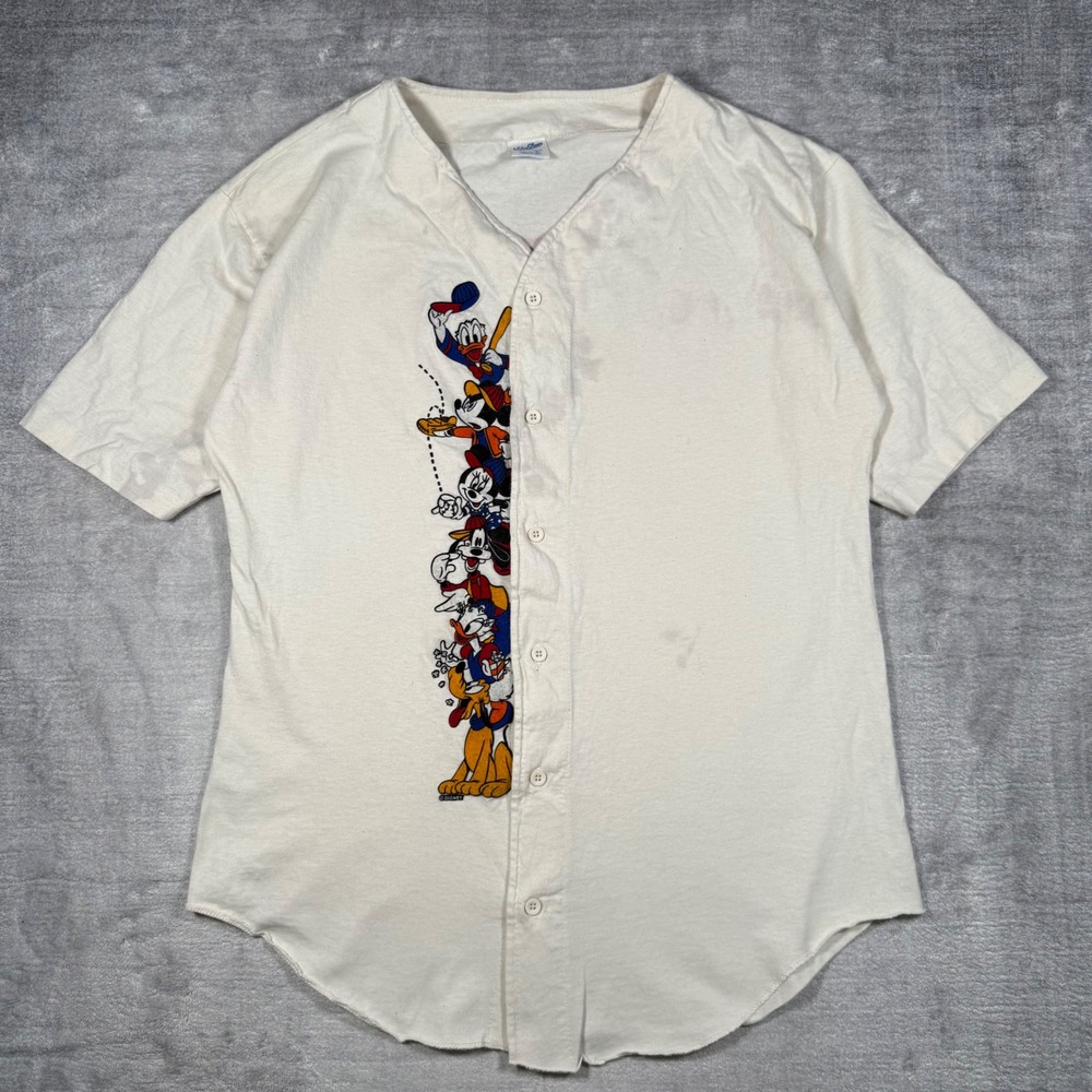 Disney Baseball Jersey Mens Large White Vintage Embroidered Characters Detroit